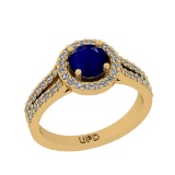 1.40 Ctw I2/I3 Blue Sapphire And Diamond 14K Yellow Gold Engagement Halo Ring