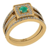 0.81 Ctw SI2/I1 Emerald And Diamond 14K Yellow Gold Anniversary Set Ring