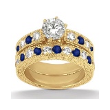 Antique style Diamond and Blue Sapphire Bridal Set 14k Yellow Gold 1.80ctw