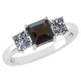 Certified 1.26 Ctw Smoky Quarzt And Diamond 14k White Gold Simple Ring