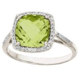Cushion-Cut Peridot and Diamond Cocktail Ring 14k White Gold 3.70ctwtw