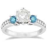 3 Stone White and Blue Diamond Engagement Ring 18K White Gold 1.45 ctw