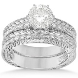 Vintage Style Carved Filigree Solitaire Bridal Set in 14k White Gold
