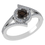 0.73 Ctw Smoky Quarzt And Diamond 14k White Gold Halo Ring