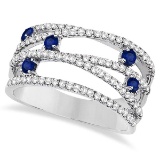 Blue Sapphire and Diamond Bypass Wide Ring 14k White Gold 1.25 ctw