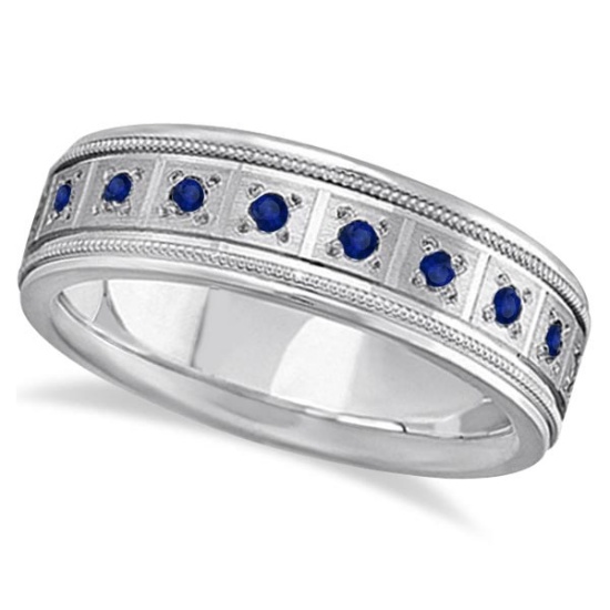 Blue Sapphire Ring for Men Wedding Band 14k White Gold 0.80ctw