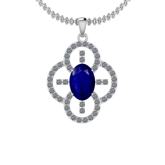 3.18 Ctw I2/I3 Blue Sapphire And Diamond 14K White Gold Necklace