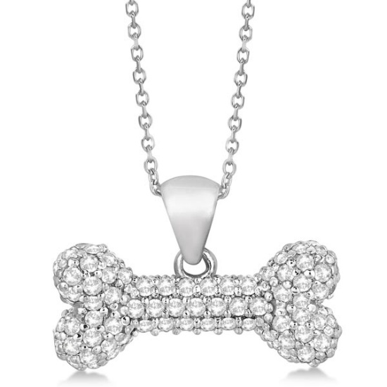 Pave Diamond Dog Bone Pendant Necklace 14K White Gold 0.80ctw