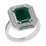 4.87 Ctw SI2/I1 Emerald And Diamond 14K White Gold Double Row Engagement Halo Ring