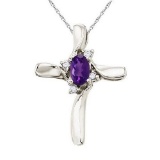 Amethyst and Diamond Cross Necklace Pendant 14k White Gold 1.05 CTTW