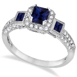Blue Sapphire and Diamond Engagement Ring 14k White Gold 2.45ctw