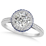 Diamond Halo and Sapphire Gemstone Engagement Ring 14k White Gold 1.50ctw