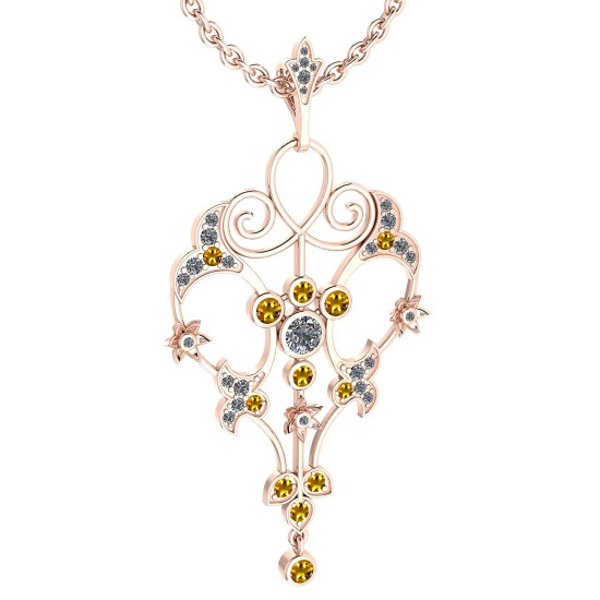Certified 1.68 Ctw I2/I3 Yellow Sapphire And Diamond 14K Rose Gold Victorian Style Necklace
