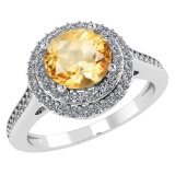 Certified 2.52 CTW Genuine Citrine And Diamond 14K White Gold Ring