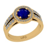 1.52 Ctw SI2/I1 Blue Sapphire And Diamond 14K Yellow Gold Engagement Halo Ring