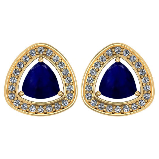 1.42 Ctw Blue Sapphire And Diamond 14k Yellow Gold Stud Earrings