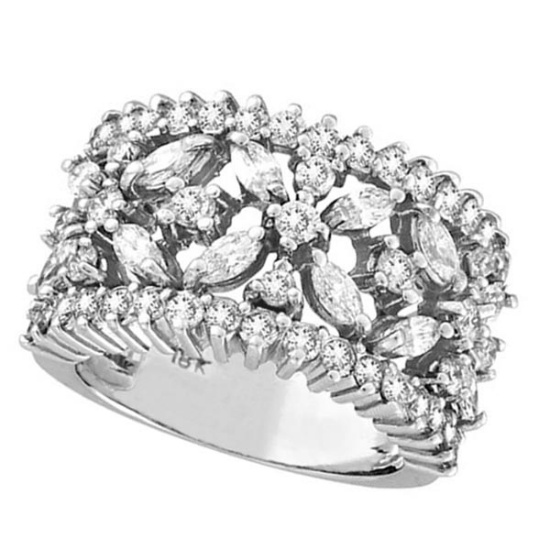 Marquise and Round Diamond Flower Ring in 18K White Gold 2.34 ctw