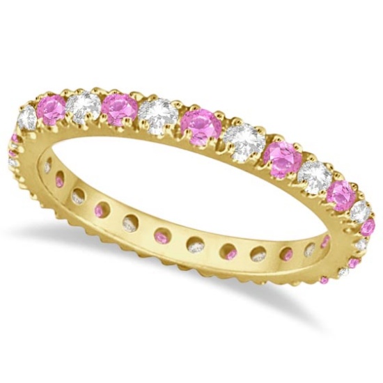 Diamond and Pink Sapphire Eternity Ring Stackable 14k Yellow Gold 1.50 ctw