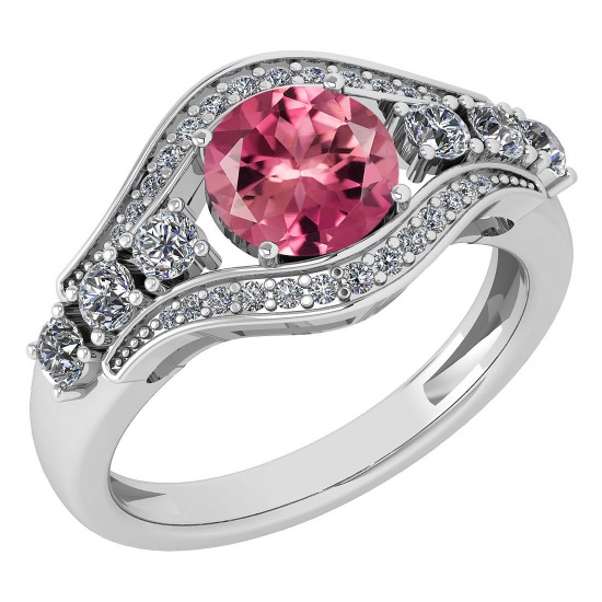 Certified 1.80 Ctw Pink Tourmaline And Diamond Ladies Fashion Halo Ring 14K White Gold (VS/SI1) MADE