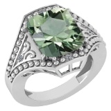 Certified 6.04 Ctw Green Amethyst And Diamond Ladies Fashion Halo Ring 14k White Gold MADE IN USA (V