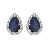 Pear Blue Sapphire and Diamond Stud Earrings 14k White Gold 1.70ctw