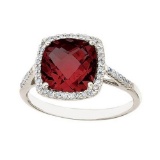 Cushion -Cut Garnet and Diamond Cocktail Ring 14k White Gold 3.70ctwtw