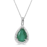 Pear Shaped Emerald Pendant Necklace 14k White Gold 0.70ctw