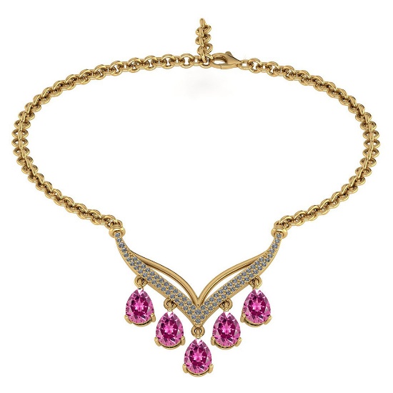 Certified 4.19 CTW Genuine Pink Tourmaline And Diamond 14k Yellow Necklace