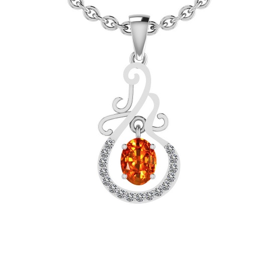 Certified 1.93 Ctw SI2/I1 Orange Sapphire And Diamond 14K White Gold Vintage Style Necklace