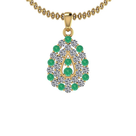 1.15 Ctw SI2/I1 Emerlad And Diamond 14K Yellow Gold Pendant Necklace