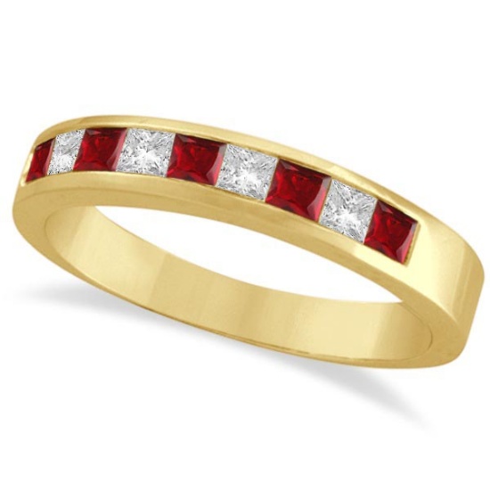 Princess-Cut Channel-Set Diamond and Ruby Ring Band 14k Yellow Gold