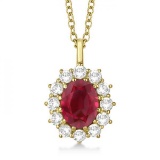 Oval Ruby and Diamond Pendant Necklace 14k Yellow Gold 3.60ctw