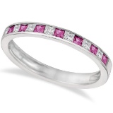 Princess Cut Diamond and Pink Sapphire Ring Band 14k White Gold 1.60ctw