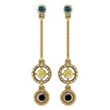 Certified 0.42 Ctw I1/I2 Treated Fancy Yellow,Blue,Black Diamond 14K Yellow Gold Drop Earrings