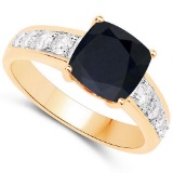 Certified 1.75 CTW Genuine Black Sapphire And Diamond 14K Yellow Gold Ring