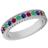 Certified 0.98 Ctw Multi Emerald,Ruby,Sapphire 14K White Gold Filigree Style Band Ring