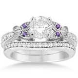 Butterfly Diamond and Amethyst Bridal Set 14k White Gold 1.42ctw