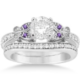 Butterfly Diamond and Amethyst Bridal Set 18k White Gold 1.02ctw