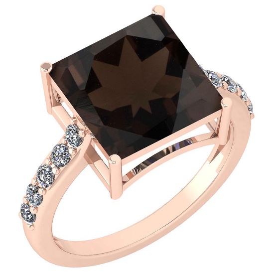 Certified 5.75 Ctw Smoky Quartz And Diamond Ladies Fashion Halo Ring 14k Rose Gold (VS/SI1) MADE IN