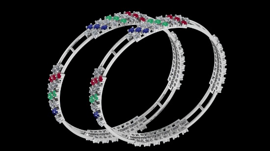 Certified 12.34 Ctw SI2/I1 Multi Emerald,Ruby,Sapphire And Diamond 14K White Gold Bangles