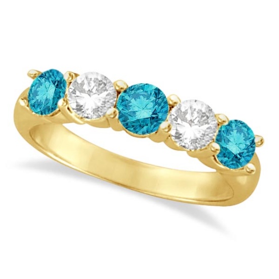 Five Stone White and Blue Diamond Ring 14k Yellow Gold 1.50ctw