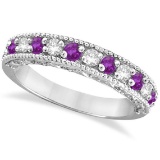 Diamond and Amethyst Band Filigree Design Ring 14k White Gold 0.60ctw