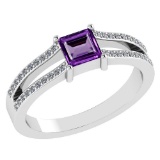 Certified .70 CTW Genuine Amethyst And Diamond (G-H/SI1-SI2) 14K White Gold Promise Ring