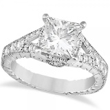Antique style Princess Cut Diamond Engagement Ring 14K White Gold 1.33ctw