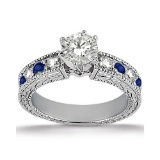Antique style Diamond and Blue Sapphire Engagement Ring 14k White Gold 1.75ctw