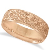 Hand-Engraved Flower Wedding Ring Wide Band 14k Rose Gold 7mm