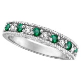 Emerald and Diamond Ring Anniversary Band 14k White Gold 0.30ctw