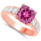 Certified 2.35 CTW Genuine Pink Touramline And Diamond 14K Rose Gold Ring