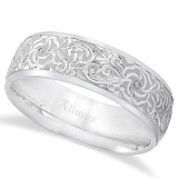Hand-Engraved Flower Wedding Ring Wide Band 14k White Gold 7mm
