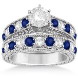 Antique style Diamond and Sapphire Bridal Ring Set 14k White Gold 2.87ctw